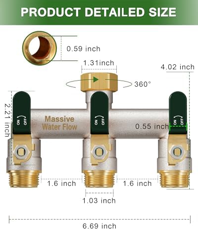 Garden Hose Splitter 3 Way Heavy Duty Brass Nickel Plated Hose Splitter with Large Handle, Full Flow Water Hose Spigot Splitter with Shutoff Valve, T Adapter Connector, 3/4 - Inch GHT Thread（Green） - Image 2