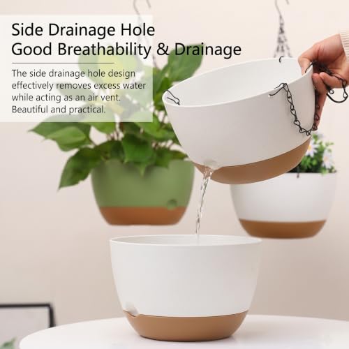 2 Pack Self Watering Hanging Planters: 9.7 Inch Pots with Chain Tray, White - Image 5