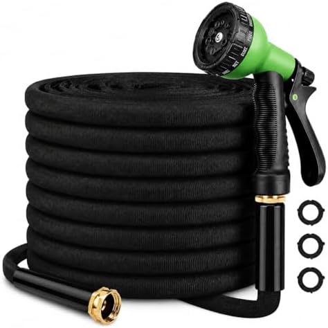 100FT Non-Expandable Flat Garden Hose with 10 Function Nozzle,No-Kink,Deep Black by OUBRTS