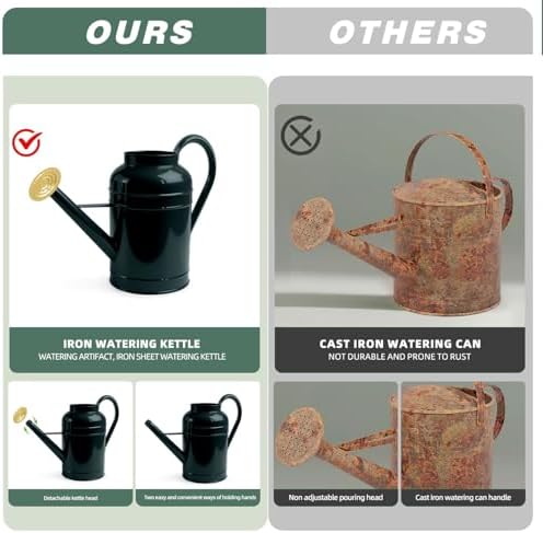 2.3 Gallon Galvanized Iron Watering Can, Dark Green Metal Garden Watering Pot with Gold Nozzle & Removable Spout for Indoor Outdoor Plants - Image 5