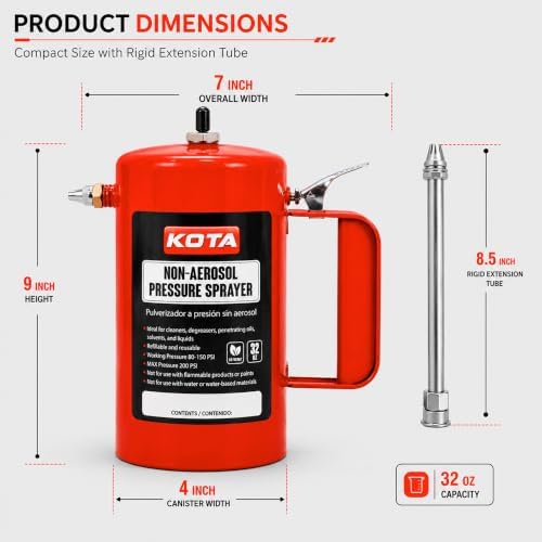 LAUCO Non Aerosol Pressure Sprayer with Funnel and Extension, Refillable Pressurized Sprayer Bottle for Oil, Solvent, Degreasers, Lubricants - Rechargeable Steel Canister and Brass Nozzles, 32oz 69532 - Image 2