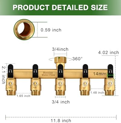 5 Way Hose Splitter, Heavy Duty Full Flow Garden Water Hose Bib Spigot Splitter, Brass Rust and Freeze Resistant Outdoor Faucet Splitter, T Adapter Connector with 3/4 - Inch GHT Thread （Black） - Image 2