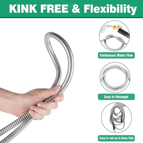 200Ft Metal Garden Hose durable stainless steel Water Hose, flexible, lightweight hose is resistant to kinks and tangles.With 10-way nozzle, strong 3/4” metal fittings, and a Stop Valve. - Image 3
