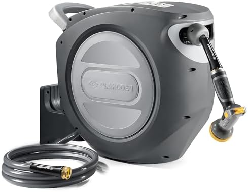 GLAHODEN Retractable Garden Hose Reel 1/2 in x 100 ft Upgraded UV Resistant Heavy Duty Automatic Hose Reel Wall Mount 3/4 in Brass Fitting 9 Pattern Nozzle Any Length Lock Slow Retraction 180° Swivel by GLAHODENDreamingHouse