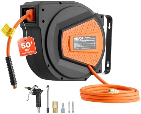 VEVOR Retractable Air Hose Reel, 1/4 Inch x 50 FT Hybrid Air Hose Max 300PSI, Enclosed Air-Compressor Hoses Reel Auto Rewind with 6.6 ft Lead in & Blow Gun, 180° Swivel Ceiling/Wall Mount by VEVOR