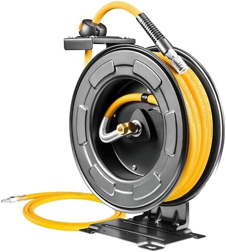 AIRZILLA Steel Retractable Air Hose Reel 3/8" Inch x 50' Feet Hybrid Polymer Hose, Heavy Duty Air Hose Reel included Auto Rewind Reel | Quick Air Coupler | Heavy Duty Steel Frame by AIRZILLA