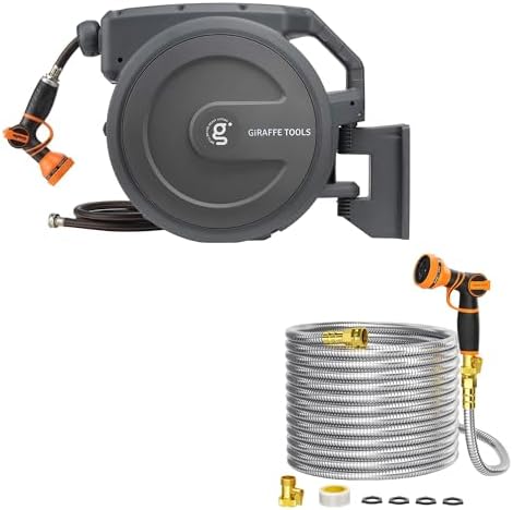 Giraffe Tools Garden Hose 100ft x 5/8", 304 Stainless Steel Metal and AW30 Garden Hose Reel Retractable 1/2" x 100 ft Wall Mounted Water Hose Reel Automatic Rewind by GiraffeTools