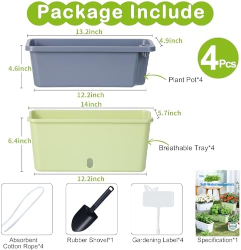 Oliz Window Box Planter 4 Packs, 14 Inches Rectangle Flower Pots with Breathable Drainage Holes, Pots for Vegetables, Herbs, Flowers, Garden Windowsill Balcony (Green & Grey) - Image 7
