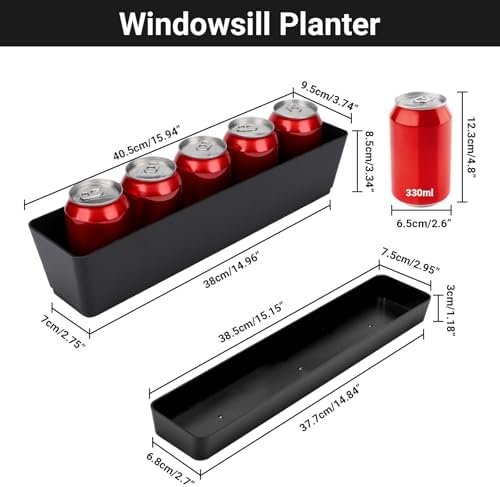 GREANER Rectangle Window Boxes, 6PCS 16x3.8 Inch Black Herb Planters with RemovableTray and Drainage Hole, Succulent Flowers Plastic Pot for Balcony, Office, Windowsill, Garden, Outdoor Decoration Use - Image 2