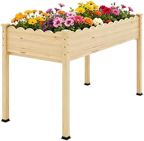 Raised Garden Bed with Legs, 48x24x30in Tall Wooden Elevated Planter Box with Liner for Flowers Vegetables Herbs, Wavy Profile Outdoor Raised Bed for Balcony/Patio/Backyard by Cakhdry