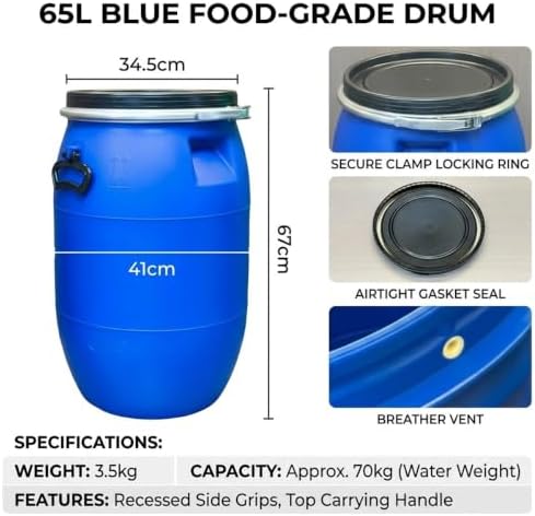 Food Grade Plastic Drum Shipping Barrels Air Tight Water Barrel with Lock Ring Rain Water Collection Barrel 30 50 60 65 100 120 160 200L for Garden Basement Fermentation Storage(65L) - Image 2