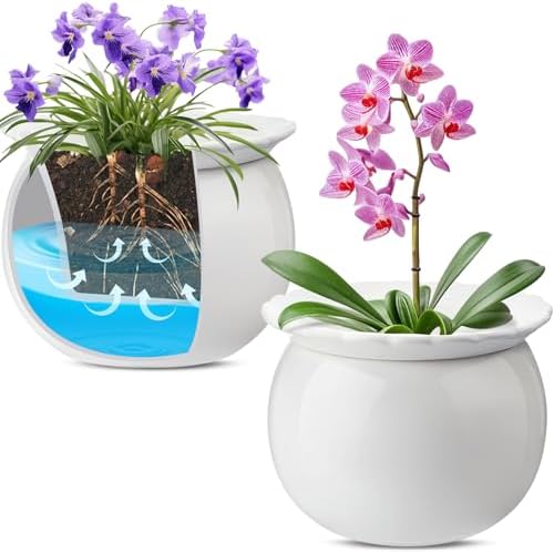 Suclain 2 Pcs African Violet Pots, 6.5 Inch Self Watering Pots for Indoor Flowers and Plants Ceramic Easy Self Watering Plant Pot with Highly Absorbent Inner Planter Pot for Tropical Plants(White) by Suclain