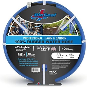 BluSeal Hot/Cold Water Rubber Garden Hose, 100% Rubber, Ultra-Light, Super Strong, 500 PSI, 50F to 190F Degrees, High Strength Polyester Braided (3/4" x 15') by RMX+BluSeal