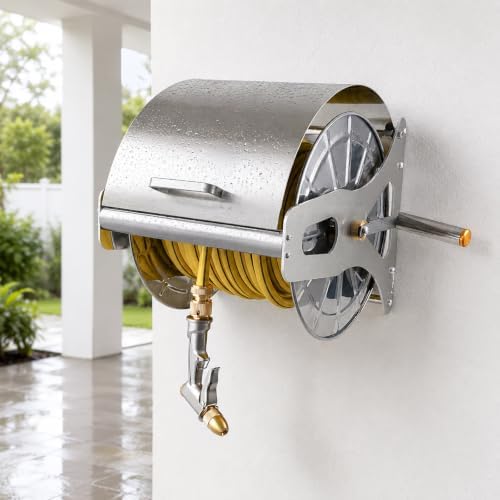 Stainless Steel Garden Hose Reel for Yard and Driveway, Smooth Manual Crank, Wall Mounted or Freestanding, Protective Lid, Brass Adapters and Nozzle Set 20m by Unknown