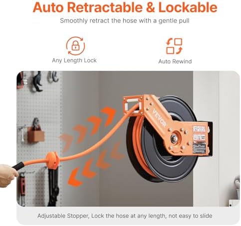 VEVOR Retractable Air Hose Reel, 3/8IN x 50FT Rubber Air Hose Max 300PSI, Air Compressor Hose Reel Auto-Rewind with 5FT Lead in, Ceiling/Wall Mount Heavy Duty Single Arm Reel & 180° Swivel Bracket - Image 3