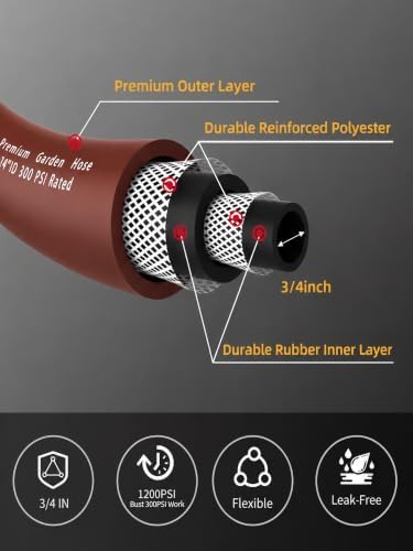 Wiseflow Garden Hose 150FT x 3/4", Heavy Duty Rubber Hose, Water Hose with Five Layered Braiding, Male Female Fittings, 1200PSI Burst, 300PSI Working for Yard, Car Wash, Pets (Brown) - Image 3