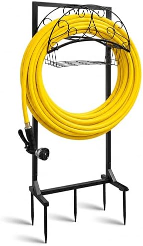 Garden Water Hose Holder - Waterhose Stand for Outside Freestanding, Heavy Duty 5-Spikes Free Standing Hose Hanger Rack Organizer with Storage Basket Holds 160ft Water Pipe for Yard Lawn by Unknown