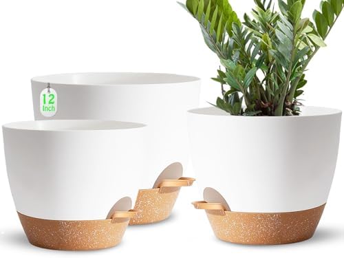 Plant Pots,12+10+9 Inch Self Watering Pots with Drainage Hole for Indoor Plants Large Flower Pot, Plants Pots Indoor Outdoor,Modern White Plastic Planters for Indoor Plants by SESUN-E