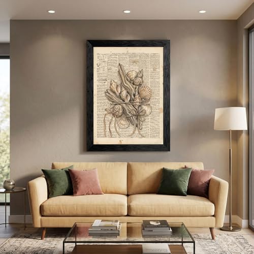 Framed Canvas Wall Art Vintage Seashells and Driftwood Muted Tones on Newspaper Print Canvas Print Poster Black Frame Wall Decor for Living Room Coastal Art, Ocean Decor - 24x36 Inch - Image 5