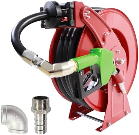 3/4" x 50' Retractable Fuel Hose Reel with Automatic Shut-Off Nozzle – Spring-Driven Diesel Hose Reel, 300 PSI, Industrial Heavy-Duty Steel Construction,Diesel Reel for Aircraft, Ships by BORRITTMACHINERY