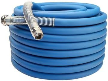 Guitrees 2026 Upgraded Garden Hose 100FT x 5/8", Heavy Duty Rubber Water Hose with Five Layered Braiding, Swivel male and female Nickel-plated Brass Fittings, 1000PSI Burst, 300PSI Working (Blue) by Guitrees