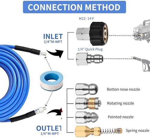 Selkie Pressure Washer Sewer Jetter Kit - 100Ft X1/4" Hydro Drain Jetter Cleaner Hose, Corner, Rotating and Button Nose Sewer Jetting Nozzle Waterproof Tape,Orifice 4.0 4.5,1/4 Inch NPT,5800 PSI - Image 4