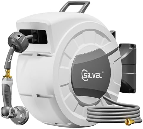 Retractable Garden Hose Reel, 1/2" x 100ft Wall Mount Heavy Duty Automatic Hose Reel with 10 Pattern Nozzle, Any Length Lock & Slow Return System, 180°Swivel Bracket Upgraded UV Resistant,Light Grey by SILVEL