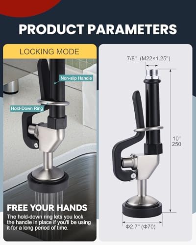 Black and Brushed Nickel Pre Rinse Sprayer with 7/8"-20UNEF Handle Grip Assembly, 1.42 GPM High Pressure Pull Down Spray Head, Handheld Dish Sprayer Nozzle Replacement Part for Commercial Sink Faucet - Image 2