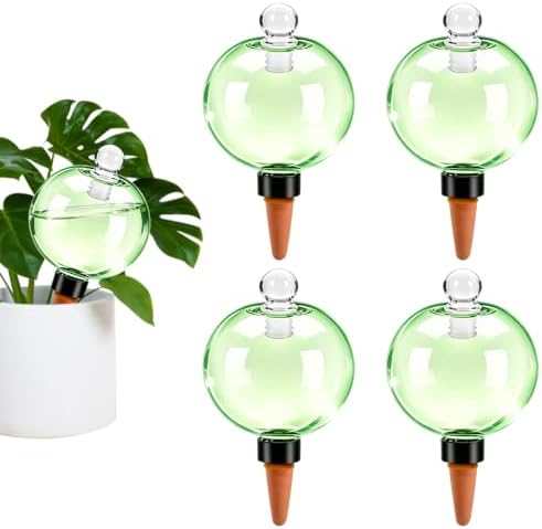 Plant Self Watering Globes with Covers, Plastic Water Bulbs Top Fill, Plant Watering Devices System Slow Release Terracotta, Water Spikes Stakes for Indoor (Green, 4pack) by GEWOSI