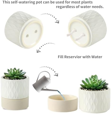 Nihow Ceramic Self Watering Plant Pot for Indoor Plants, 6 Inch,Cream White - Image 2