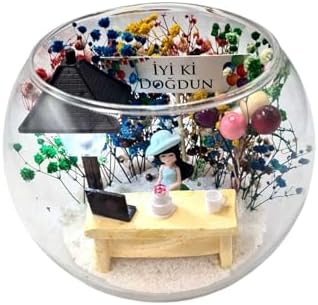 SODEF Lighted Glass Terrarium for Friend, 'Happy Birthday' Theme, Globe Vase with Street Lamp Decor, Preserved Flowers, Miniature Figures, Birthday Gift, 6.3 x 7.1 inches - Image 3