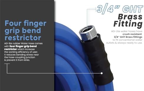 AG-LITE AL34150 3/4" x 150' Rubber Farm & Ranch Water Hose, Lightweight, 500 PSI, 50F to 190F Deg, Polyester Braided, Brass GHT Fittings, 4 Finger-Grip Bend Restrictor, Agriculture & Industrial Use - Image 4