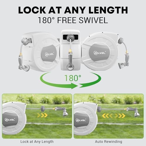 Retractable Garden Hose Reel, 1/2" x 100ft Wall Mount Heavy Duty Automatic Hose Reel with 10 Pattern Nozzle, Any Length Lock & Slow Return System, 180°Swivel Bracket Upgraded UV Resistant,Light Grey - Image 6