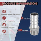 10pcs Stainless Steel Hose Barb Fitting 1" Barb to 3/4" NPT Male - Image 2