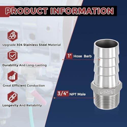 10pcs Stainless Steel Hose Barb Fitting 1" Barb to 3/4" NPT Male - Image 2