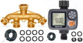 Morvat Brass 4 Way Splitter Garden Hose Hexagonal Connector with Shut Off Valves & Mount Kit PLUS Electronic Garden Hose Timer with Rain Delay for Outdoor Yard Irrigation, Plus Teflon Tape & Washers by Morvat