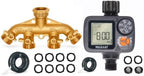 Morvat Brass 4 Way Splitter Garden Hose Hexagonal Connector with Shut Off Valves & Mount Kit PLUS Electronic Garden Hose Timer with Rain Delay for Outdoor Yard Irrigation, Plus Teflon Tape & Washers by Morvat