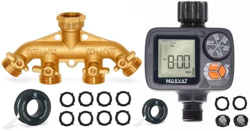 Morvat Brass 4 Way Splitter Garden Hose Hexagonal Connector with Shut Off Valves & Mount Kit PLUS Electronic Garden Hose Timer with Rain Delay for Outdoor Yard Irrigation, Plus Teflon Tape & Washers by Morvat