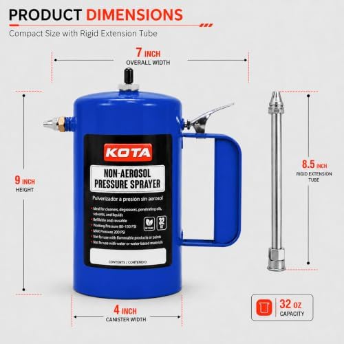 LAUCO Non Aerosol Pressure Sprayer - Refillable Pressurized Sprayer Bottle for Oil, Solvent, Degreasers, Lubricants - Rechargeable Steel Canister with Brass Nozzles, 32oz. (1, Blue) 69533 - Image 2
