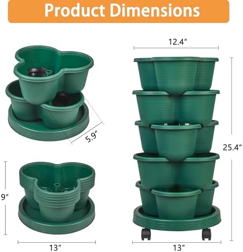 VECELO 5 Tier Vertical Garden Planter, Self Watering Stackable Planters with Wheels for Strawberries, Herbs, Flowers, Vegetables, Dark Green - Image 2