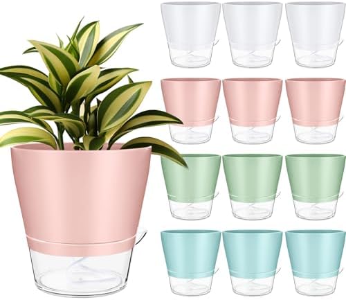 Funnymoom 12 Pack 6 Inch Self Watering Plant Pots Self Watering Planters with with Visual Reservoir and Drainage Hole Plastic Flower Pots for Indoor Plants African Violets Flowers by Funnymoom