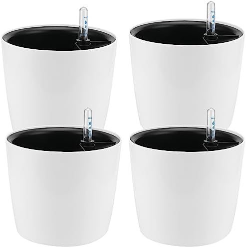 4 Pack 7 Inch Self Watering Planter for Indoor Plants, White Decorative Round Plastic Self Watering Pots with Level Indicators for Soil Planting, Flowers, Herb, African Violet, Succulent by HEIHAK