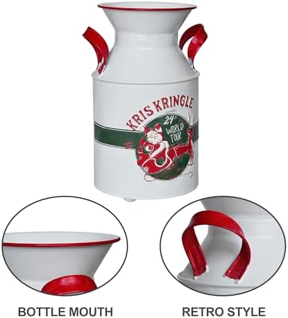 Vintage Christmas Kris Kringle Metal Milk Can Vase, Rustic Holiday Decorative Flower Jug with Red Handles, Festive Pitcher for Indoor Home Decor, Christmas Floral Arrangements - Image 7
