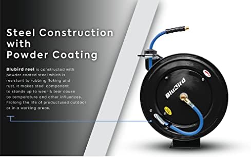 BLUBIRD BBR1265 18ga. Retractable Hose Reel with 1/2" x 65' Air Hose, 12 Point Ratcheting Gear, Next-Gen Rubber, Lightest, Strongest, Most Flexible, 300 PSI, 50F to 190F Degrees, Polyester Braided - Image 5