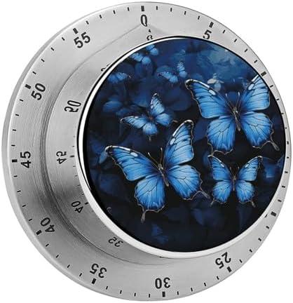 Mechanical Kitchen Timers for Cooking,Dark Blue Butterflies Printed 60 Minute Magnetic Countdown Timer,Cute Cooking Timers with Alarm,Stainless Steel Time Timer Manual No Batteries Required by Unknown