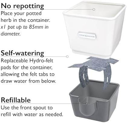 Cole & Mason Self-Watering Single Potted Herb Keeper, Indoor Herb Box, 21 cm, White/Grey, Self Watering, Includes 4 x Pads - Image 4