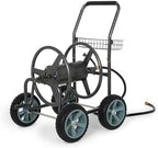 Backyard Expressions 4‑Wheel Garden Hose Reel Cart with Storage Basket, Hand‑Crank Rewind, Rust‑Resistant Hammertone Gray Finish, Brass Connectors - Image 2