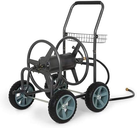 Backyard Expressions 4‑Wheel Garden Hose Reel Cart with Storage Basket, Hand‑Crank Rewind, Rust‑Resistant Hammertone Gray Finish, Brass Connectors - Image 2