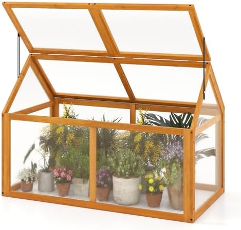 Giantex Wood Cold Frame Greenhouse, Portable Raised Flower Planter Protection with Transparent Panels & Adjustable Roof, Small Indoor Outdoor Hot House for Garden Balcony, 40”x21”x28” by Giantex