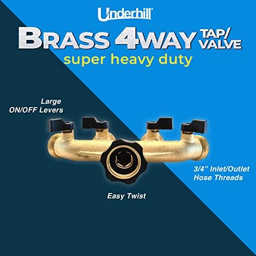 Underhill Outlet Splitter Adapter for Garden Water Hose, 3/4-Inch Hose Thread, Brass 4-Way Heavy-Duty with Shut Off Valve Control, A-HB4 - Image 3